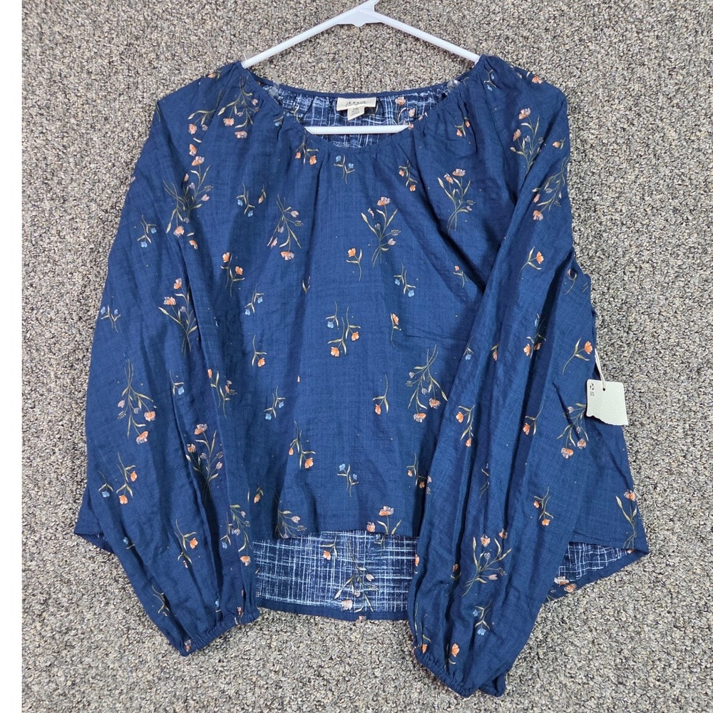 a.n.a‎ Floral Blouse Womens PM Blue Long Balloon Sleeve Cotton Rayon NWT